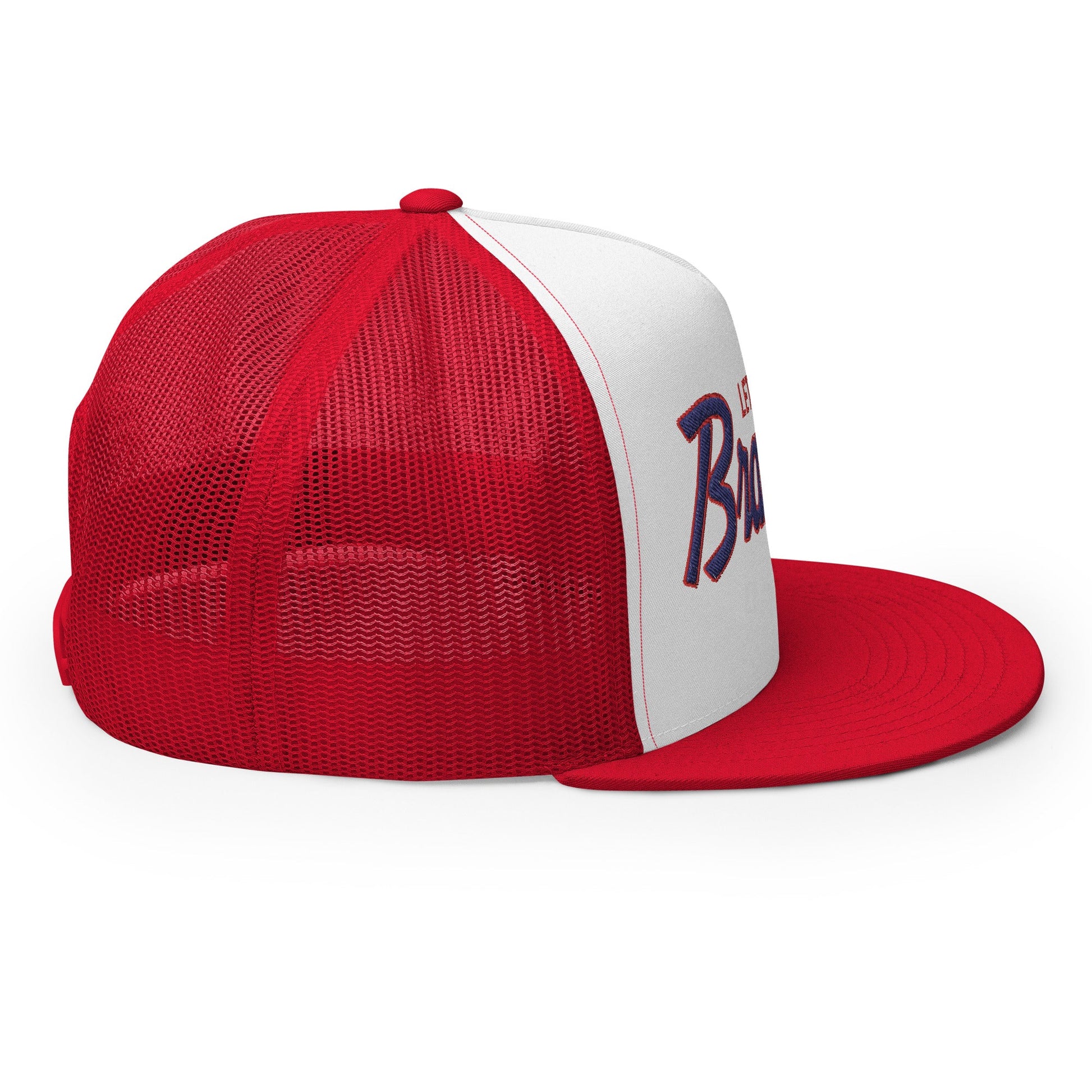 Let's Go Brandon Script Flat Bill Brim Snapback Trucker Hat Red White Red