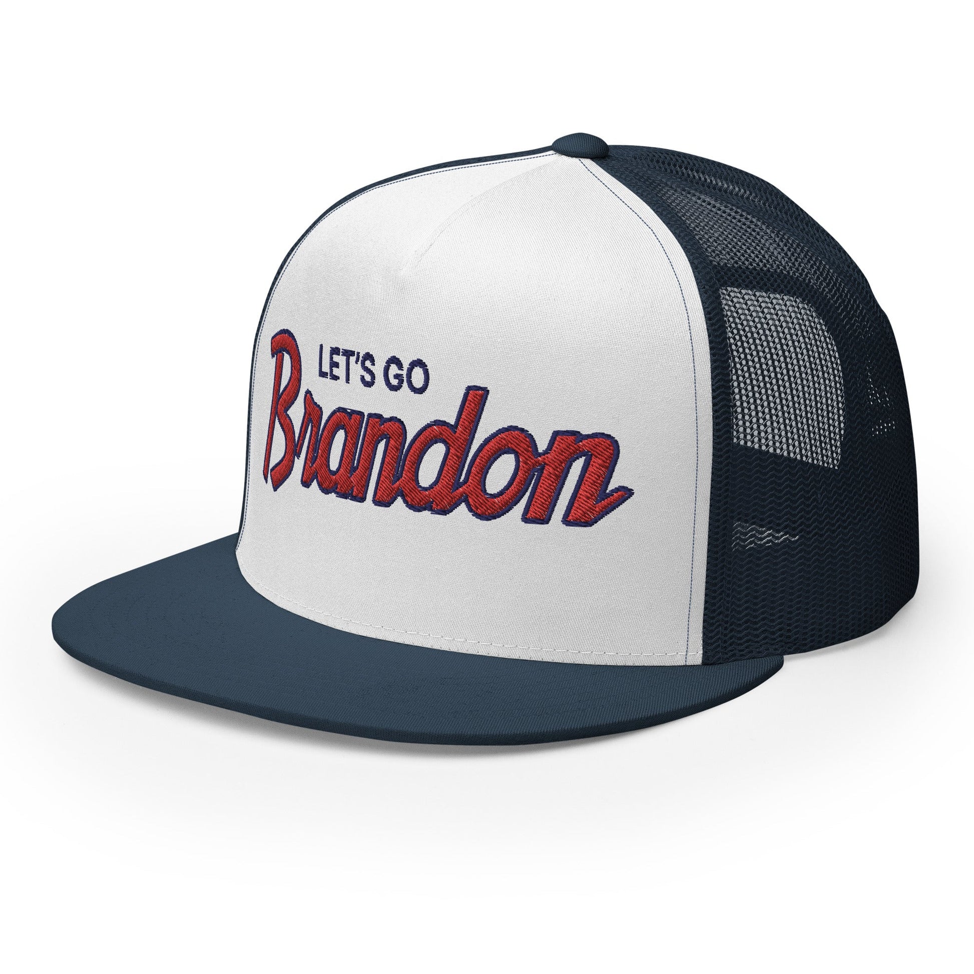 Let's Go Brandon Script Flat Bill Brim Snapback Trucker Hat Navy White Navy