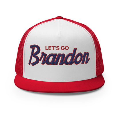 Let's Go Brandon Script Flat Bill Brim Snapback Trucker Hat Red White Red