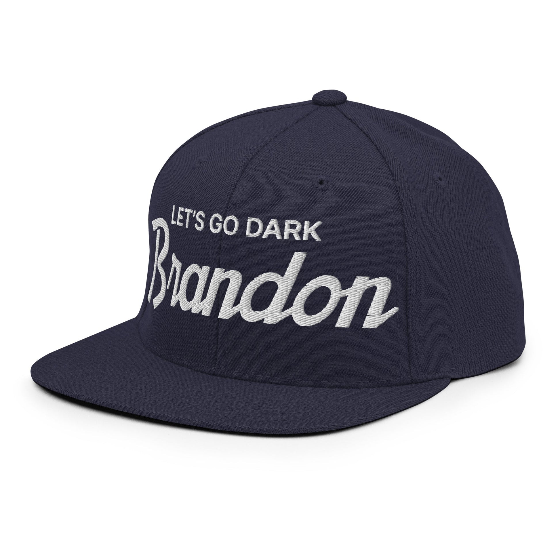 Let's Go Dark Brandon Vintage Sports Script Snapback Hat Navy