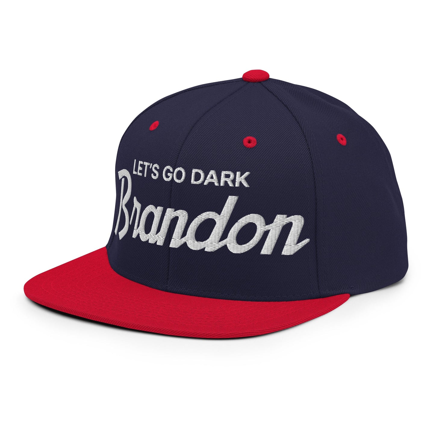 Let's Go Dark Brandon Vintage Sports Script Snapback Hat Navy Red