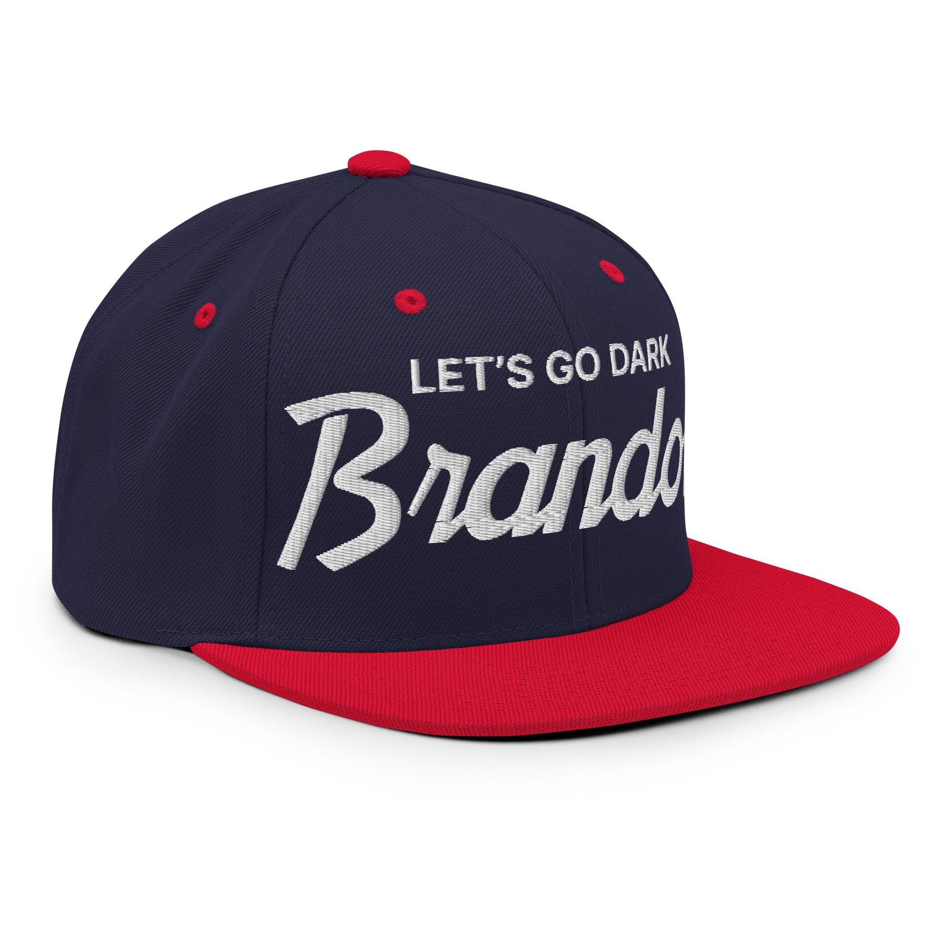 Let's Go Dark Brandon Vintage Sports Script Snapback Hat Navy Red