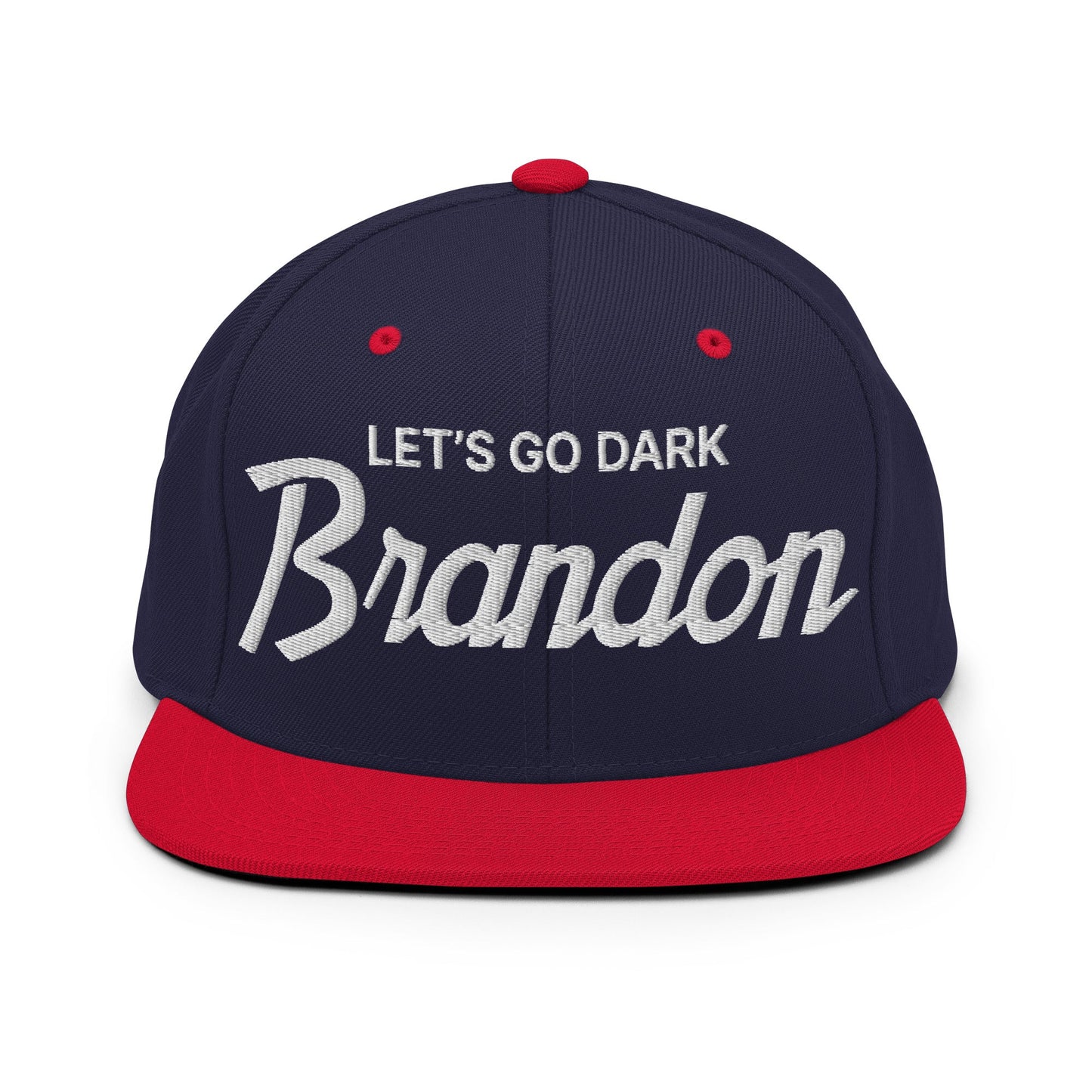 Let's Go Dark Brandon Vintage Sports Script Snapback Hat Navy Red