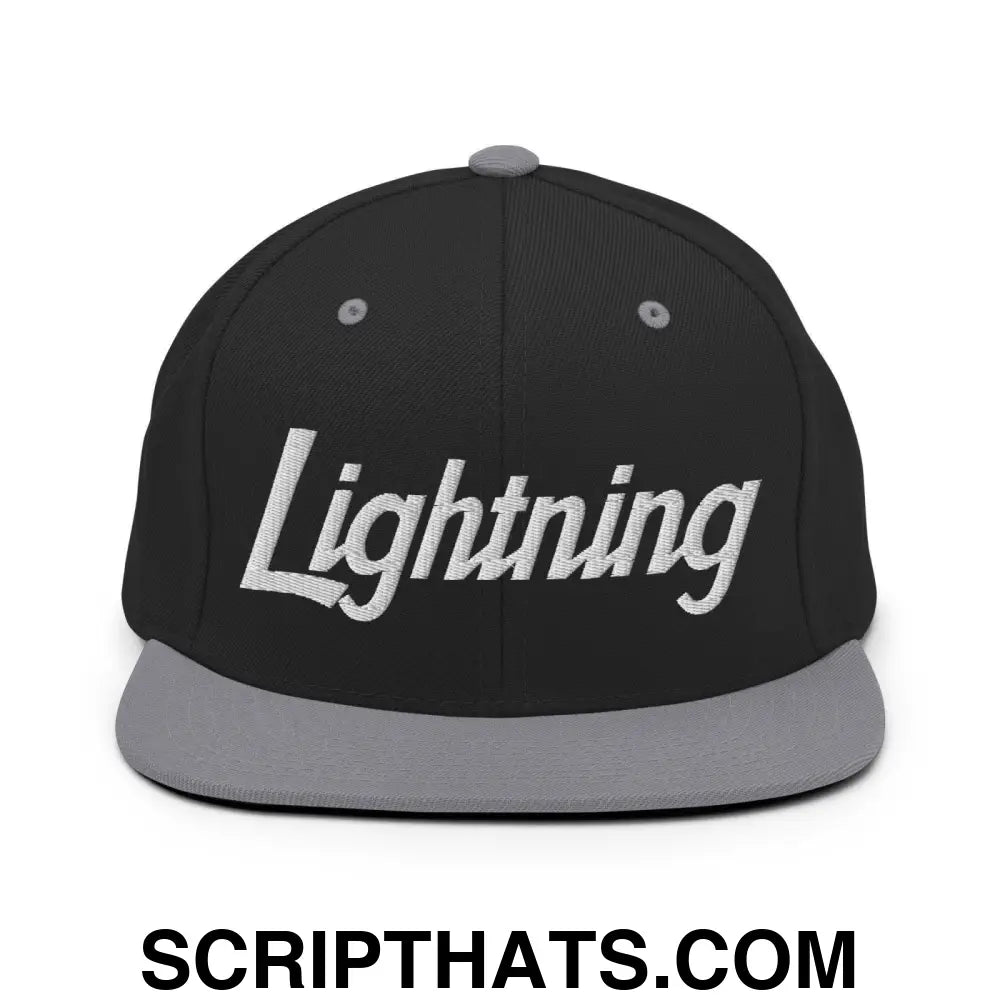 Lightning School Mascot Script Snapback Hat Black Silver