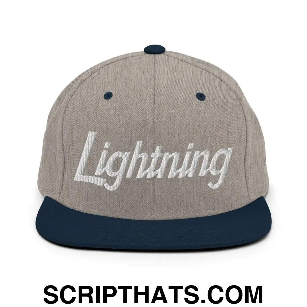 Lightning School Mascot Script Snapback Hat Heather Grey Navy