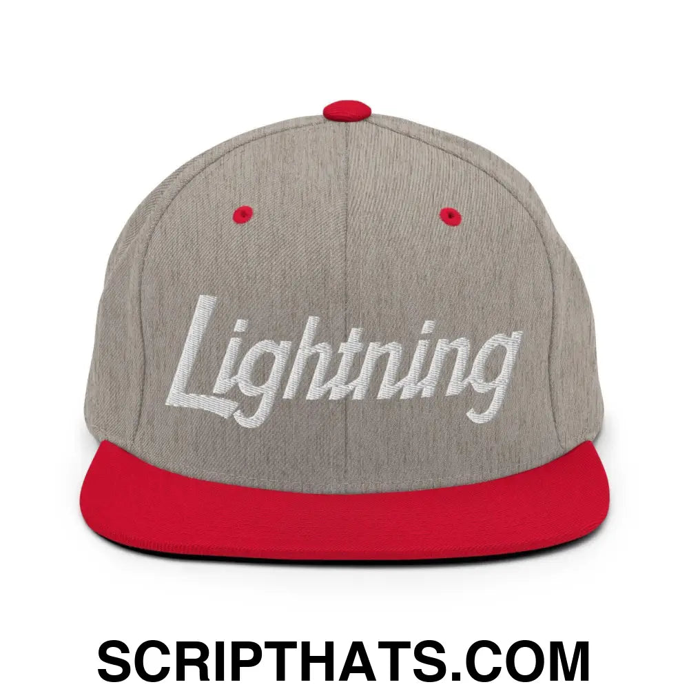 Lightning School Mascot Script Snapback Hat Heather Grey Red