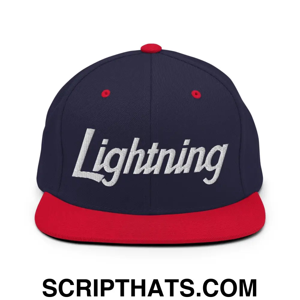 Lightning School Mascot Script Snapback Hat Navy Red