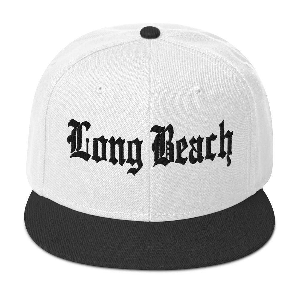 Long Beach II Old English Snapback Hat Black White White
