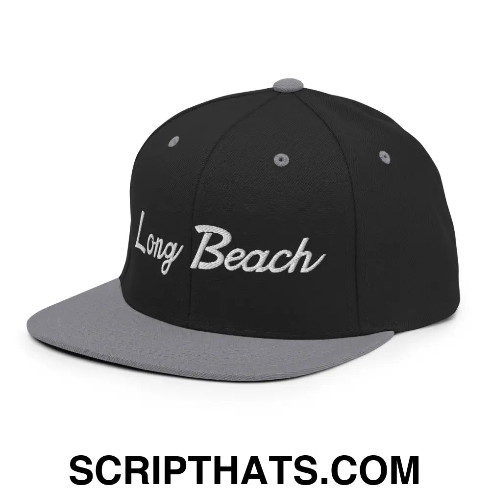 Long Beach II Script Snapback Hat Black Silver