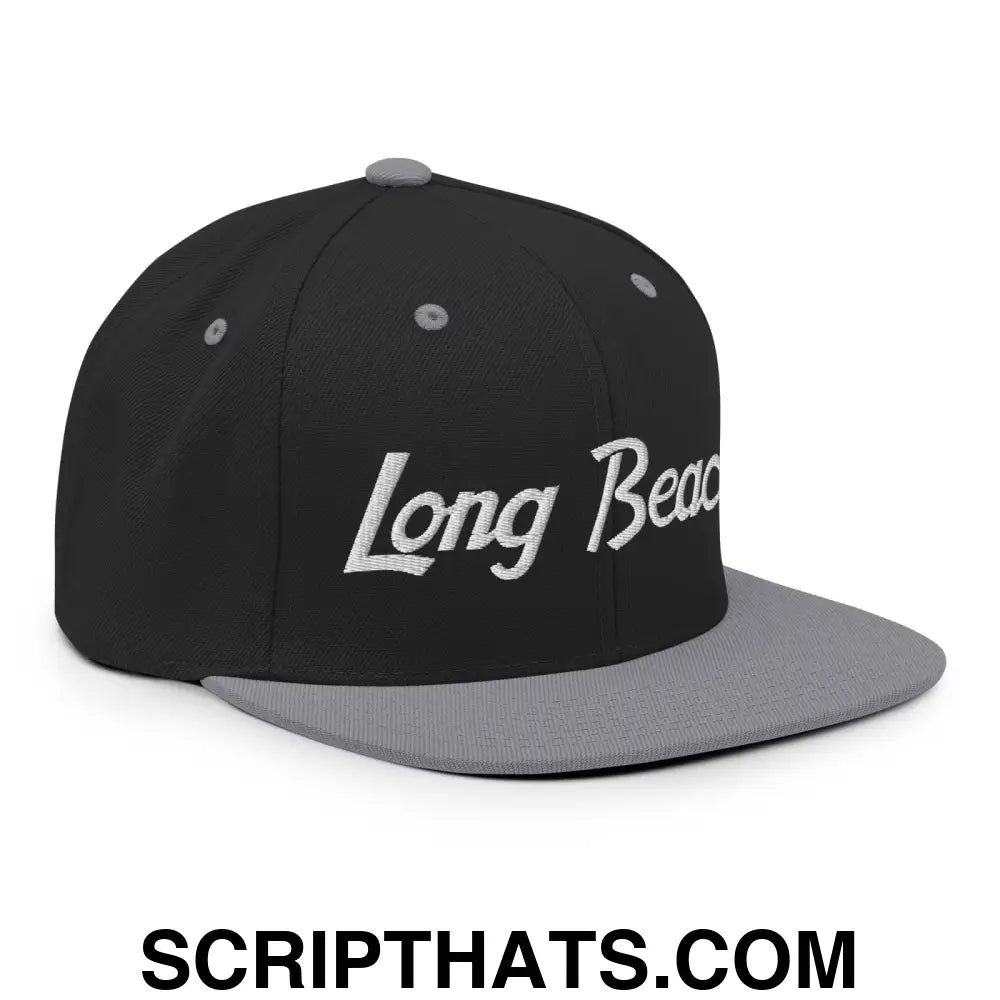 Long Beach Script Snapback Hat Black Silver