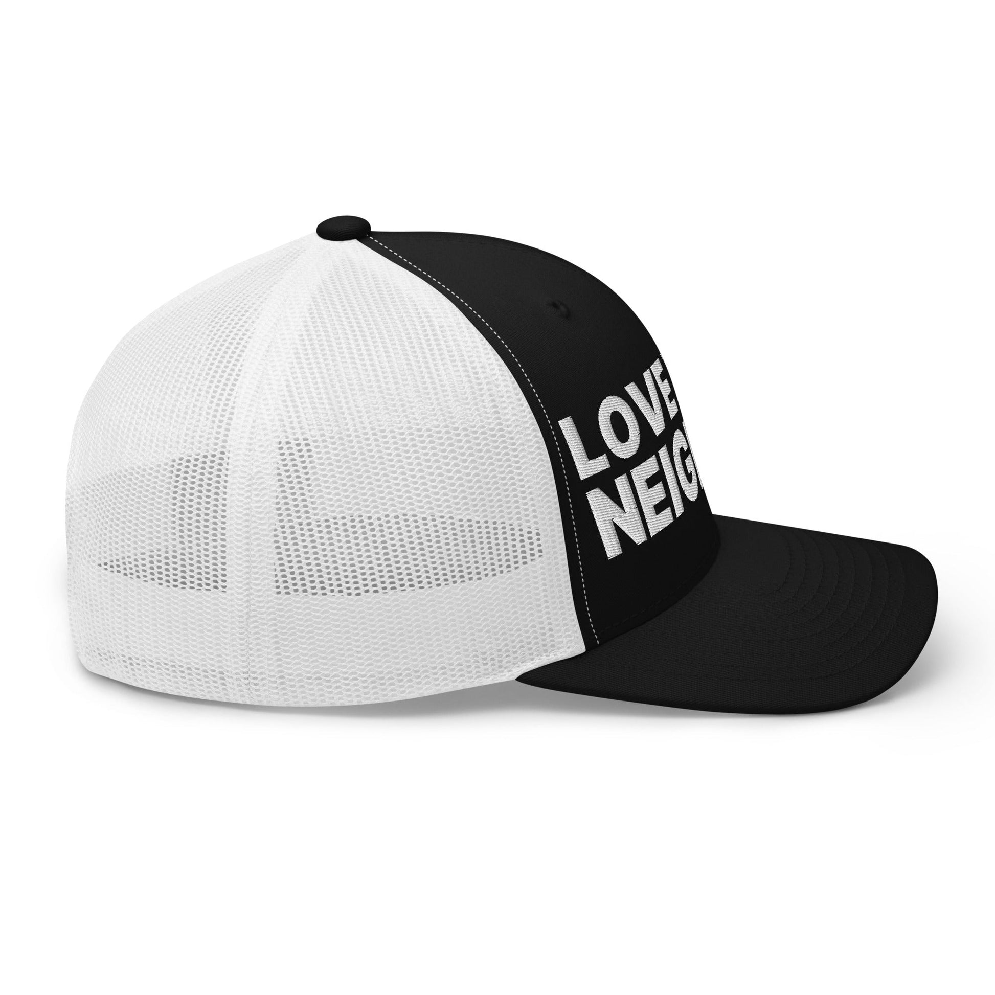 Love Your Neighbor Retro Trucker Hat Black White