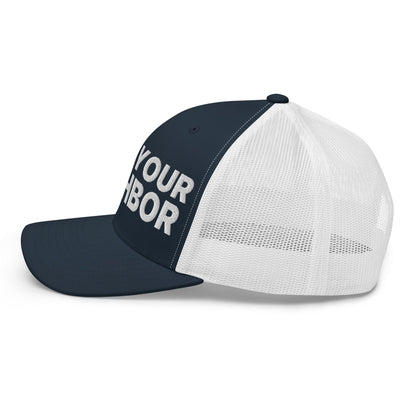 Love Your Neighbor Retro Trucker Hat Navy White