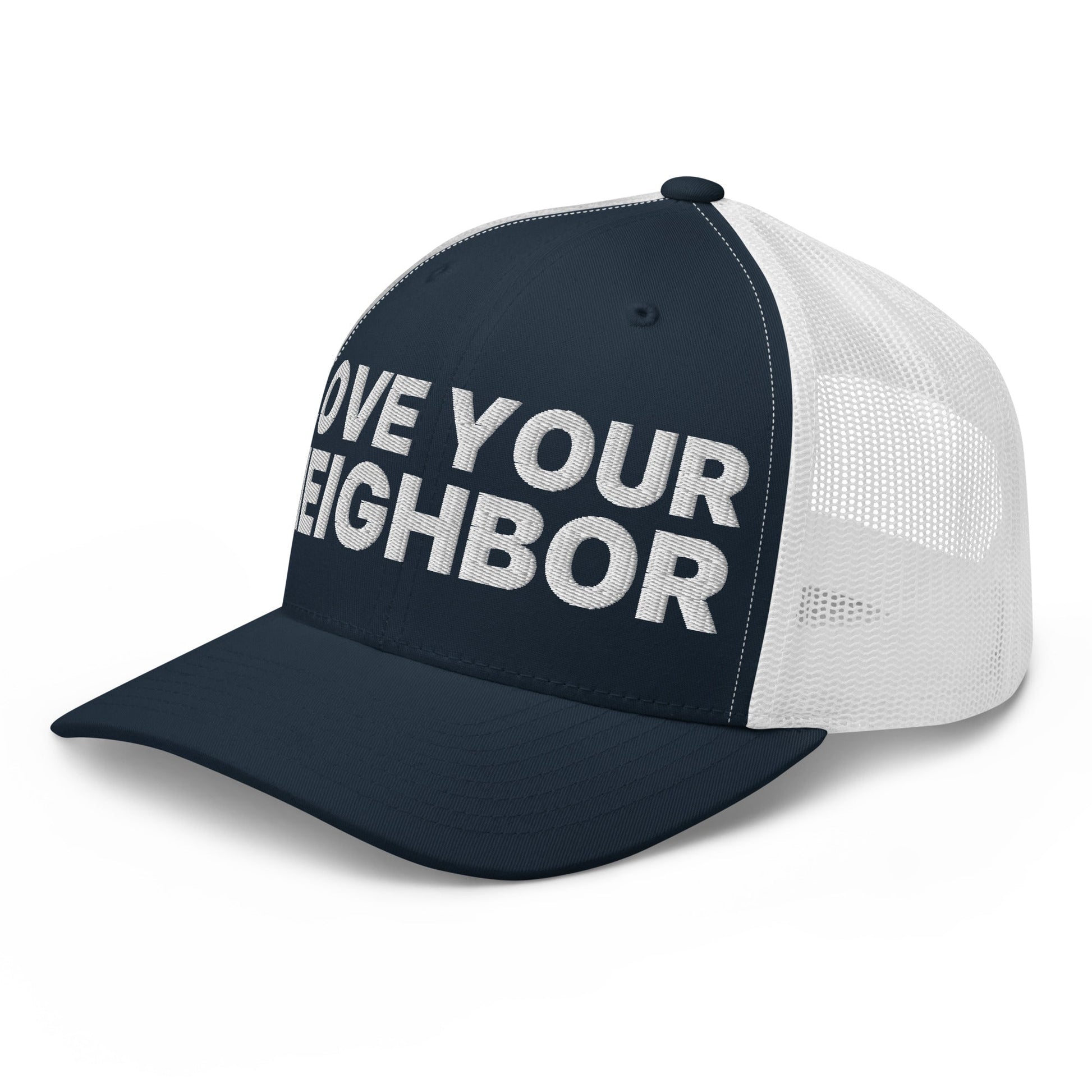 Love Your Neighbor Retro Trucker Hat Navy White