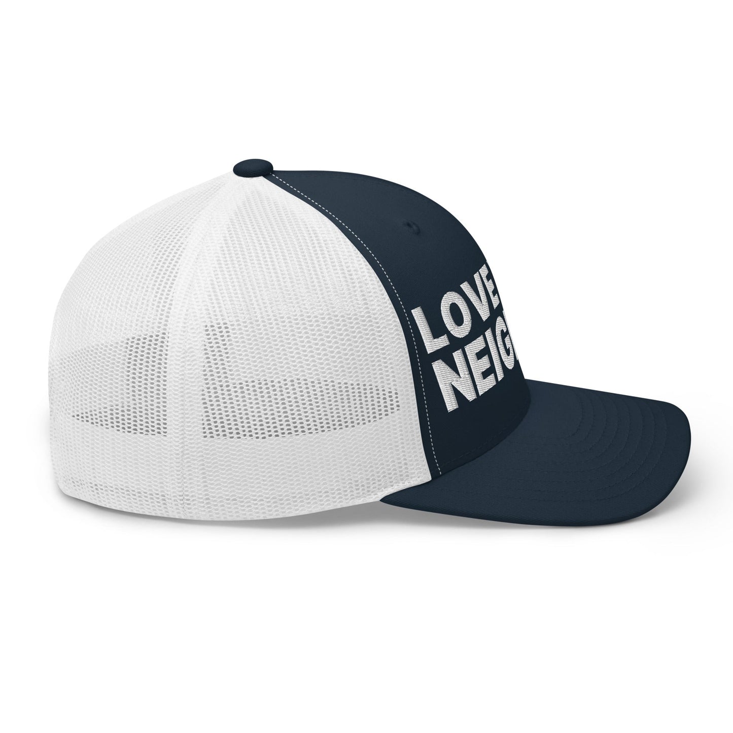 Love Your Neighbor Retro Trucker Hat Navy White