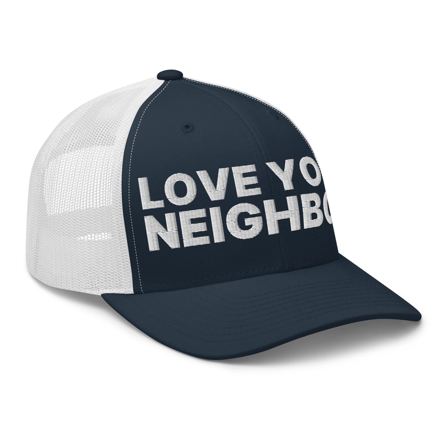 Love Your Neighbor Retro Trucker Hat Navy White