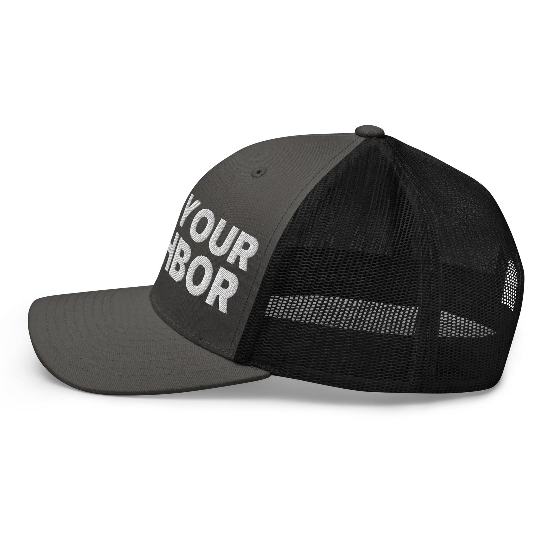 Love Your Neighbor Retro Trucker Hat Charcoal Black