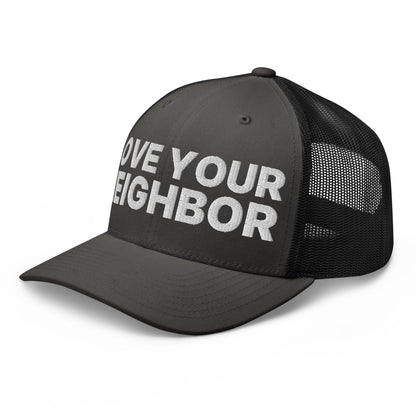 Love Your Neighbor Retro Trucker Hat Charcoal Black