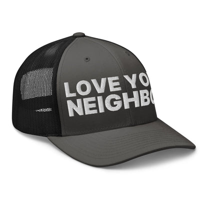 Love Your Neighbor Retro Trucker Hat Charcoal Black