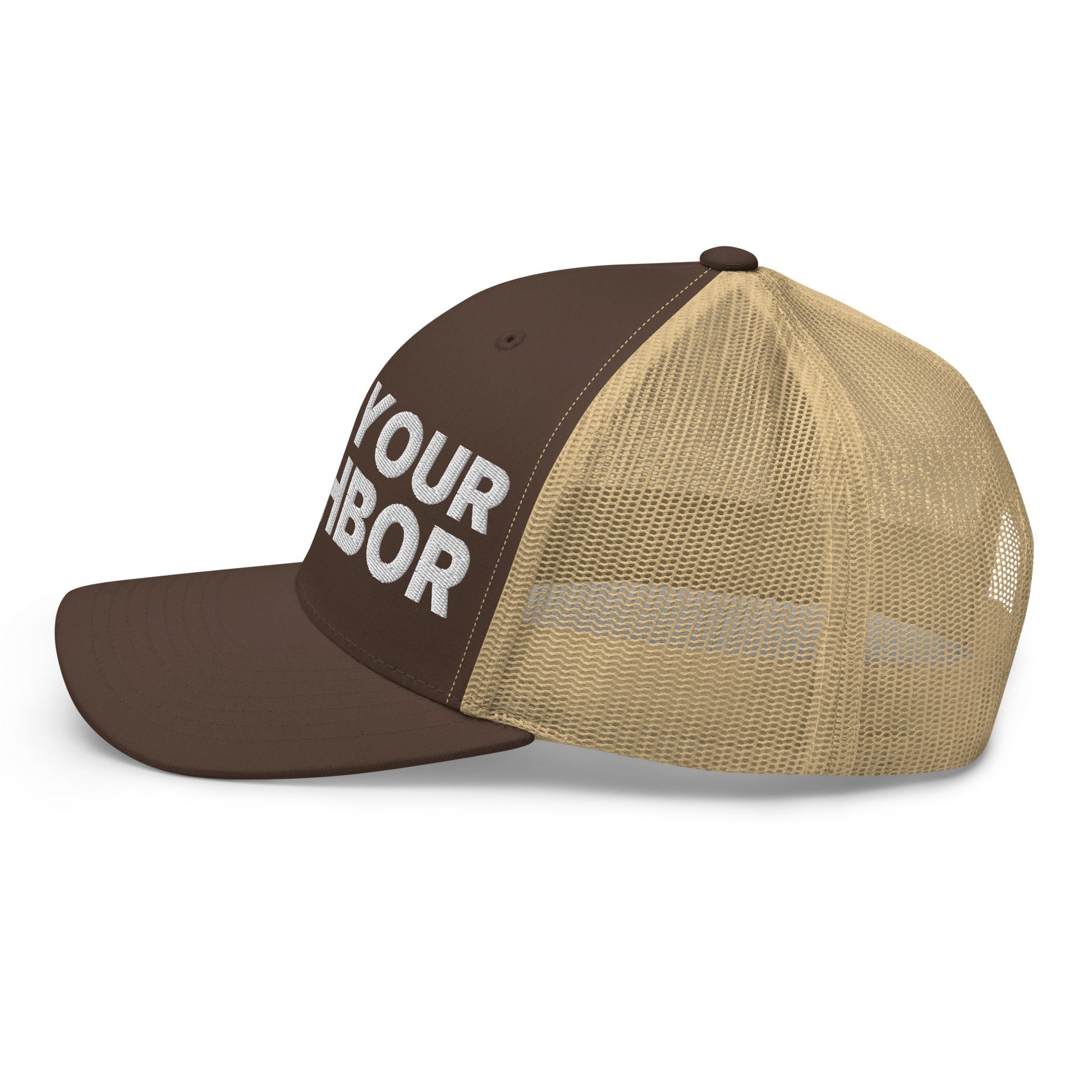 Love Your Neighbor Retro Trucker Hat Brown Khaki