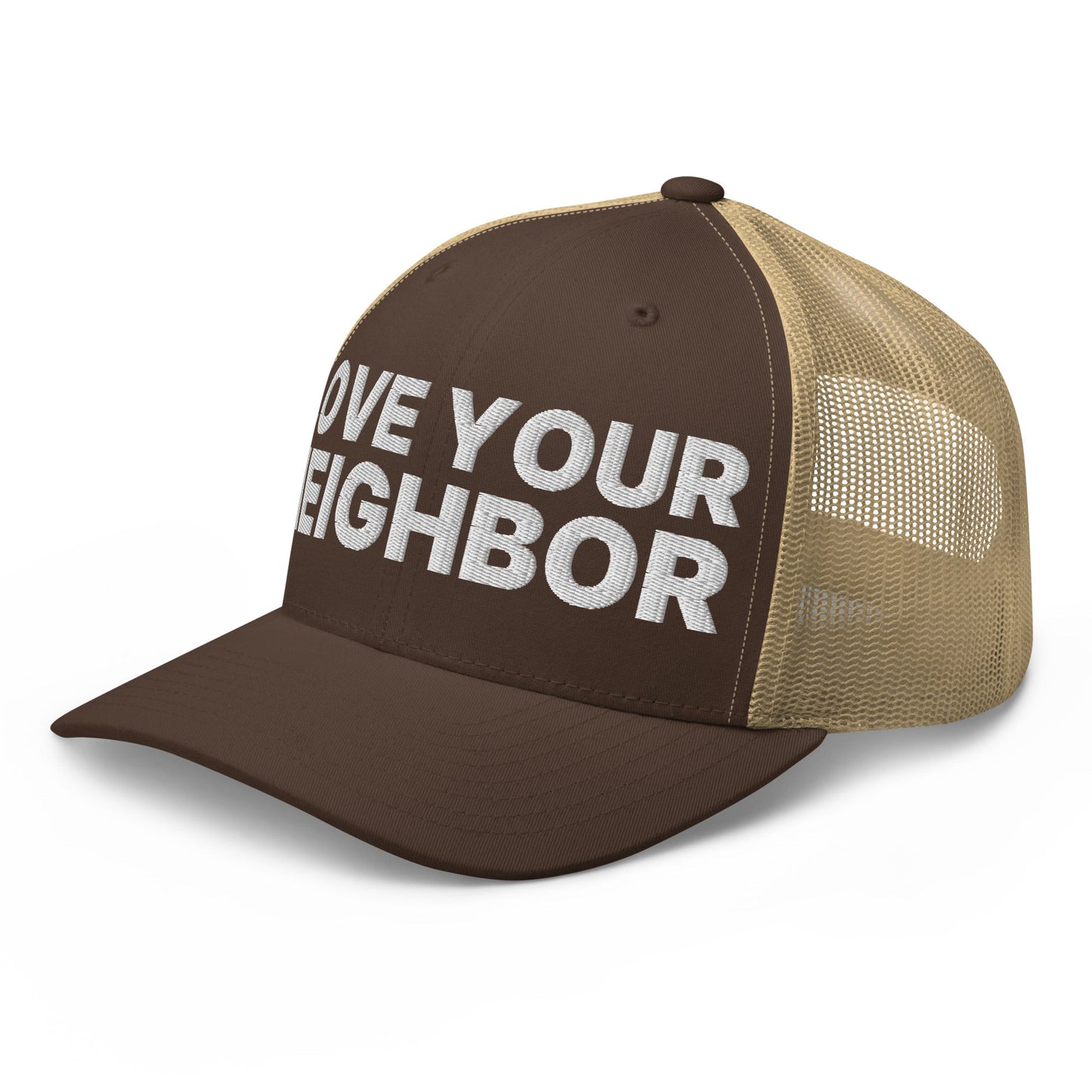 Love Your Neighbor Retro Trucker Hat Brown Khaki