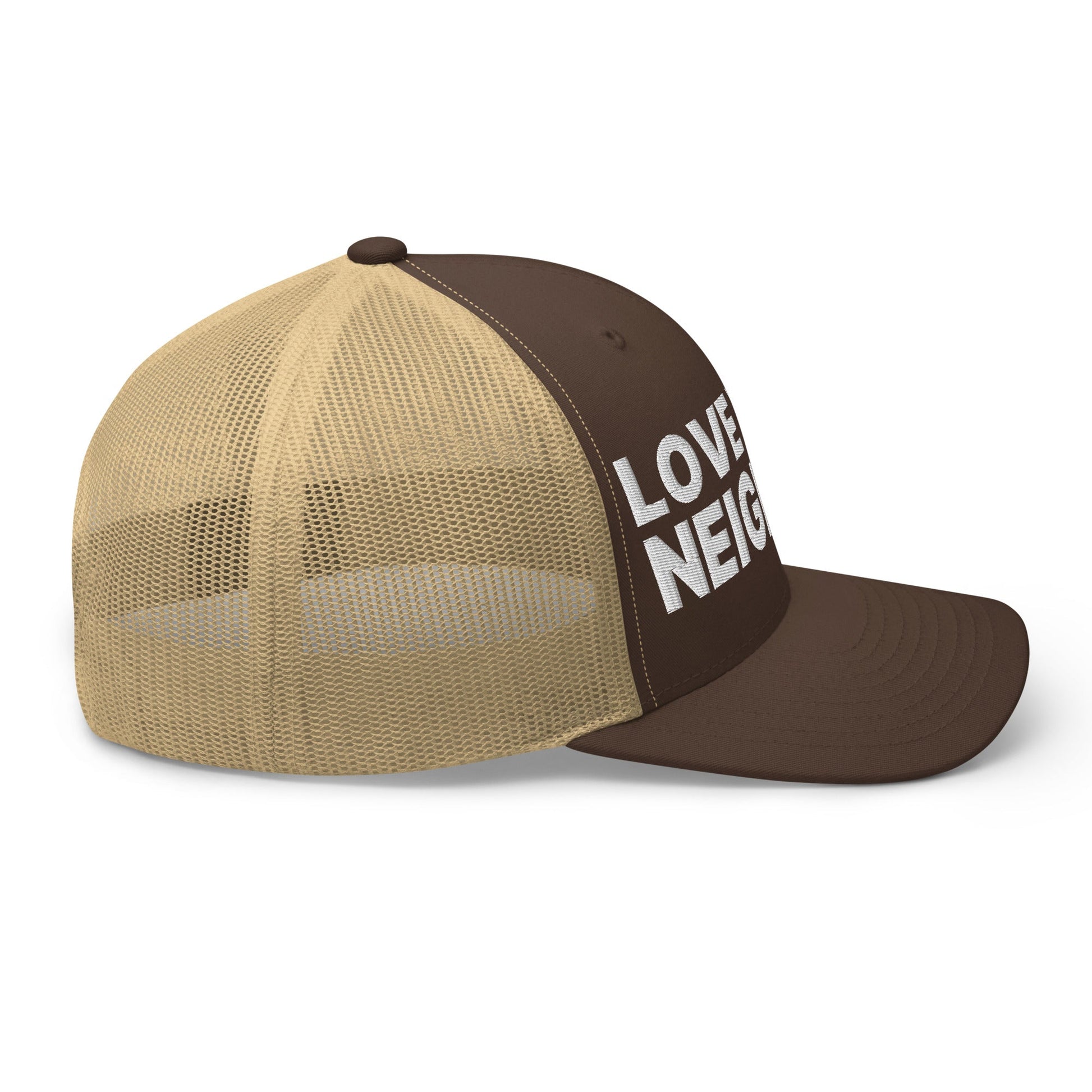 Love Your Neighbor Retro Trucker Hat Brown Khaki