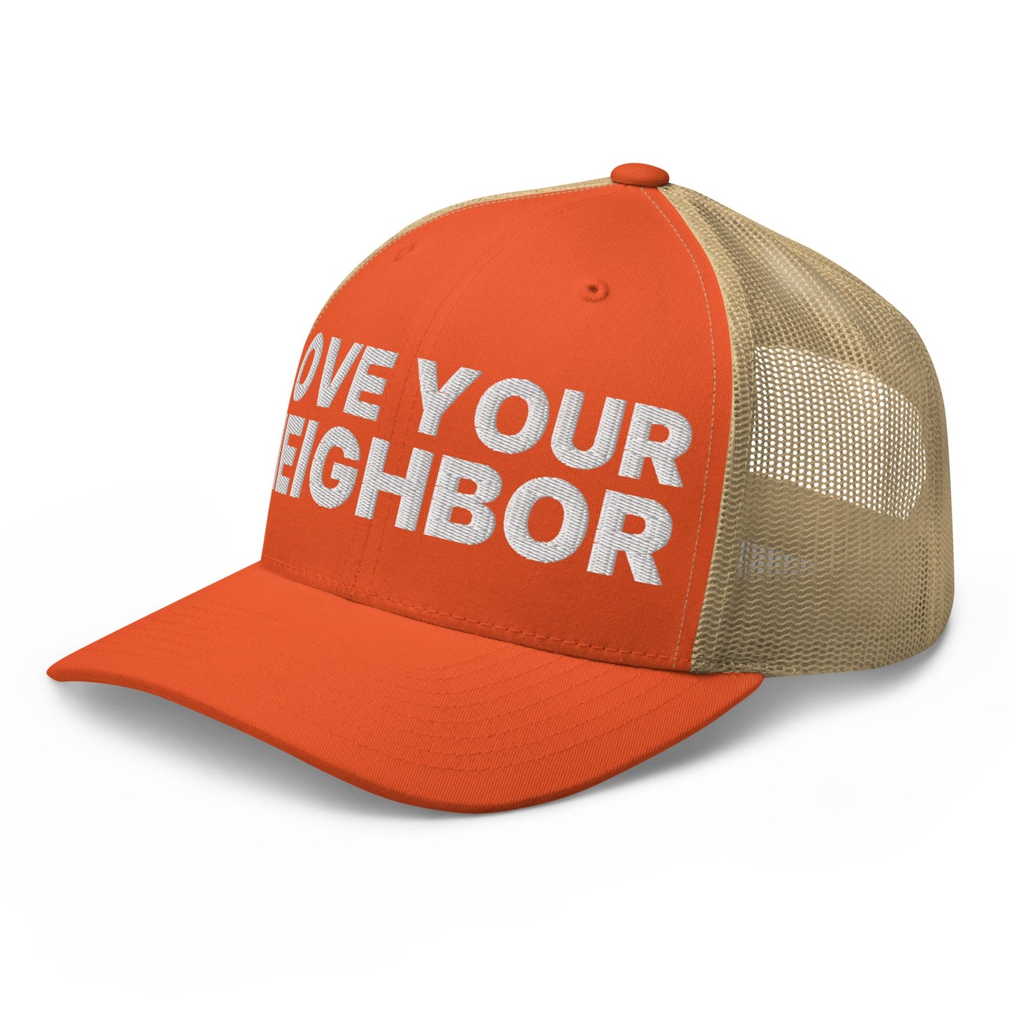 Love Your Neighbor Retro Trucker Hat Rustic Orange Khaki