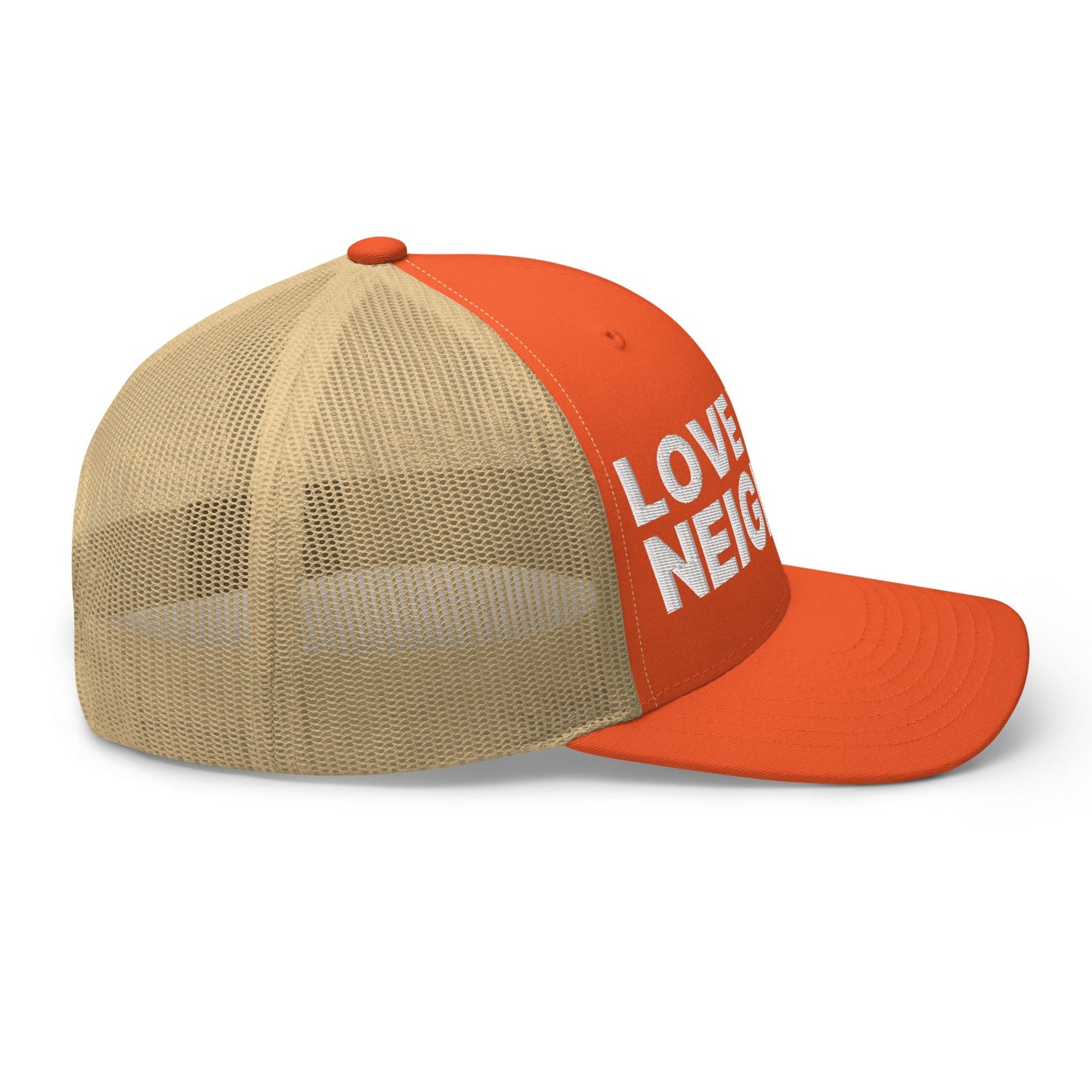 Love Your Neighbor Retro Trucker Hat Rustic Orange Khaki