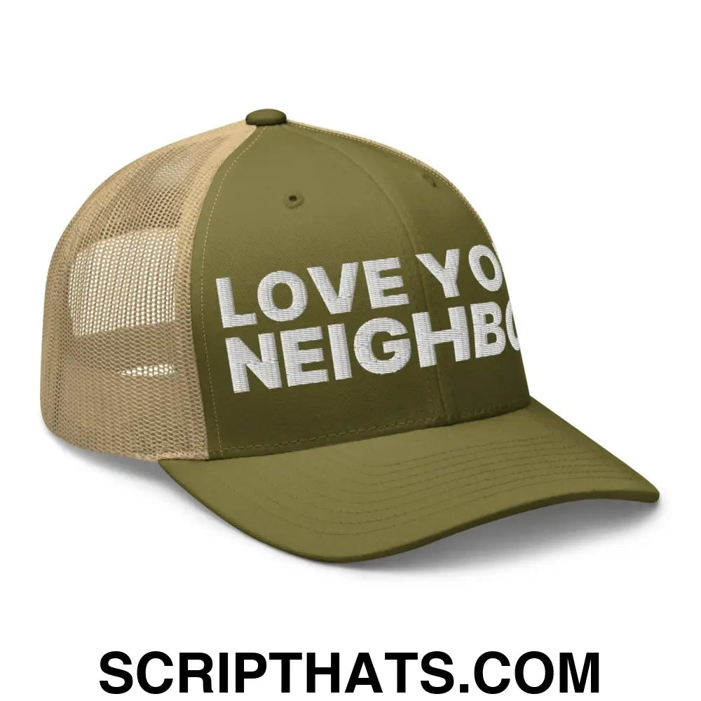 Love Your Neighbor Retro Trucker Hat Moss Khaki