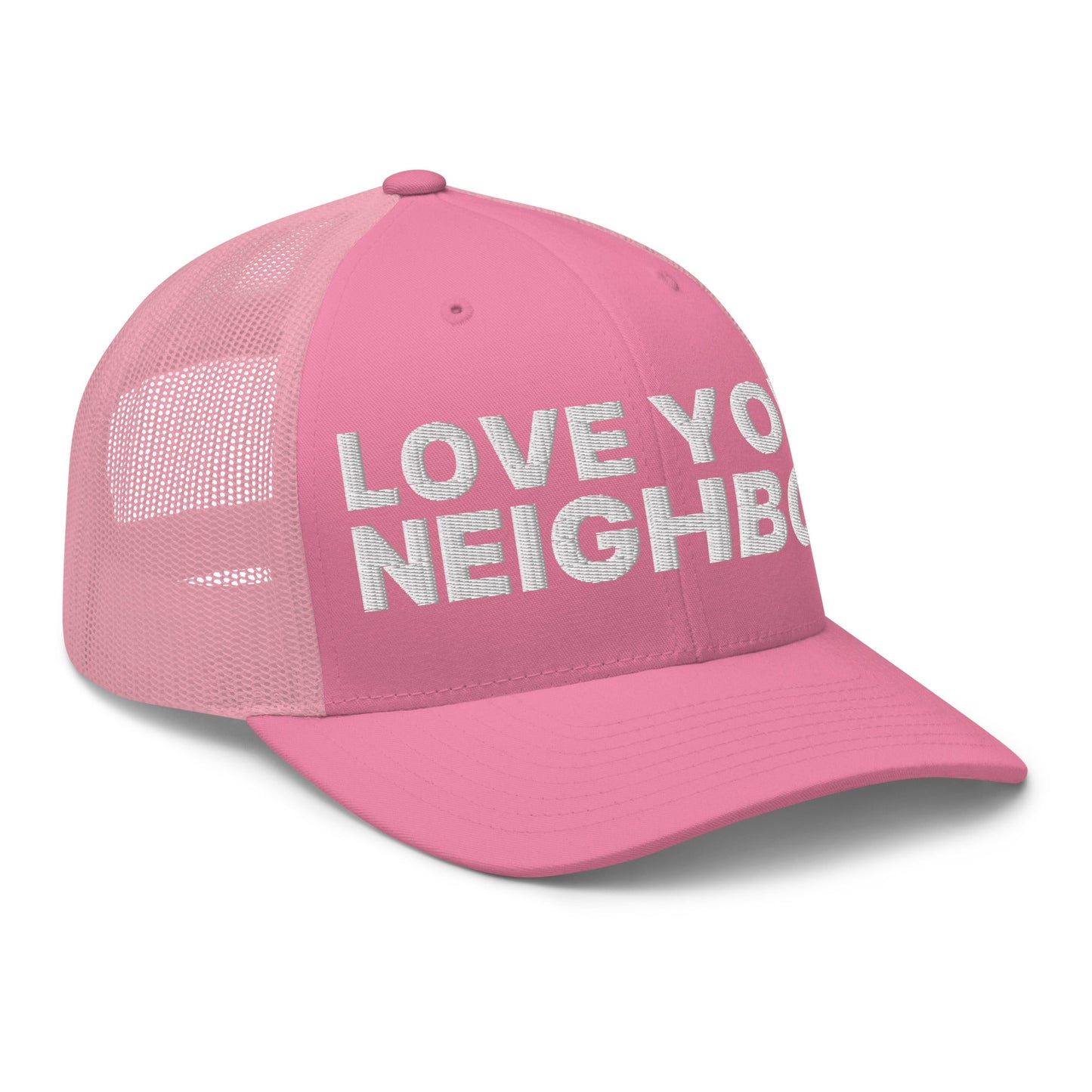 Love Your Neighbor Retro Trucker Hat Pink