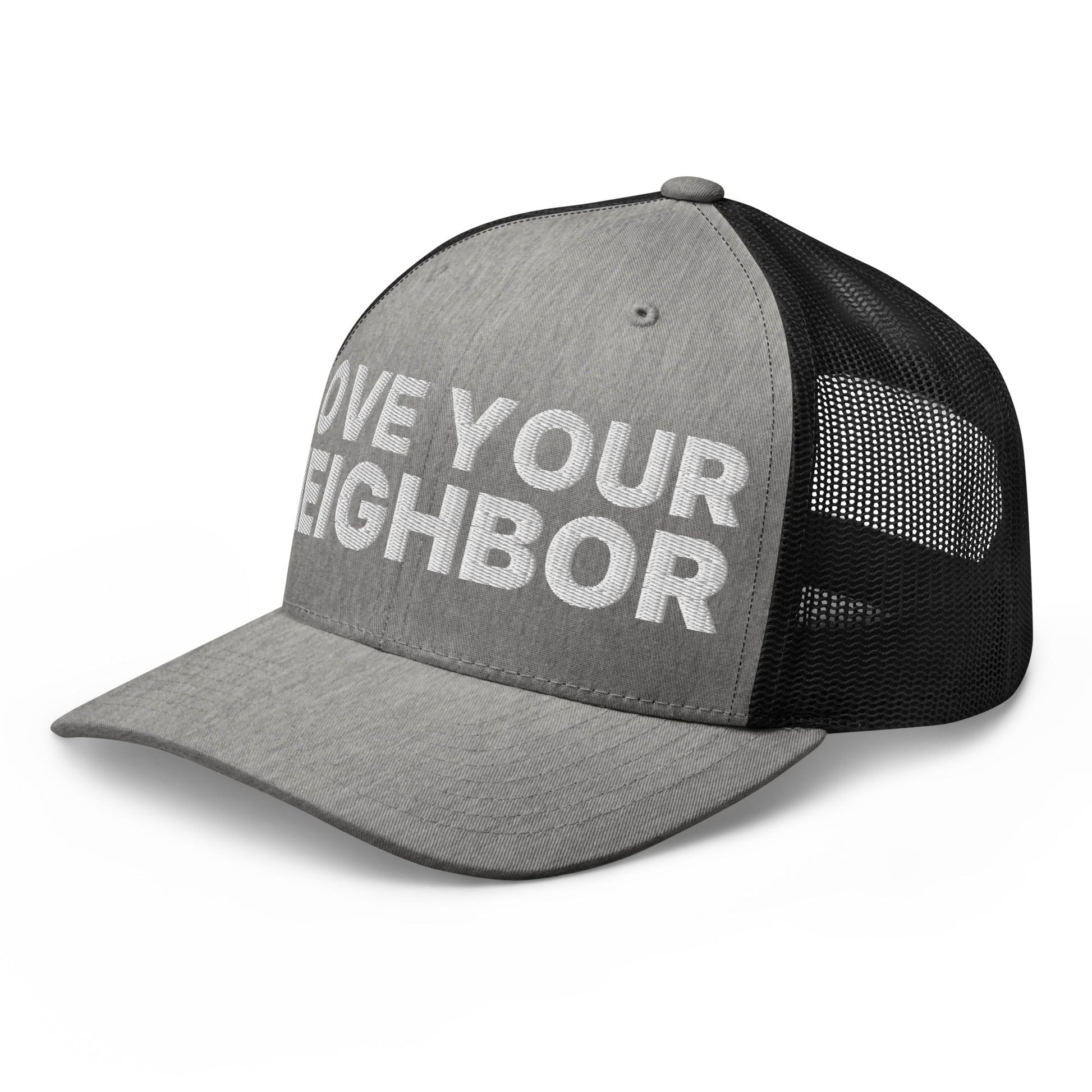 Love Your Neighbor Retro Trucker Hat Heather Black