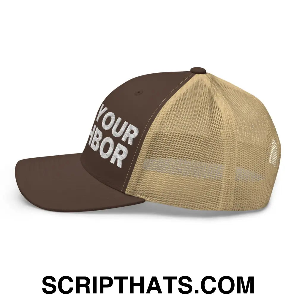 Love Your Neighbor Retro Trucker Hat Brown Khaki