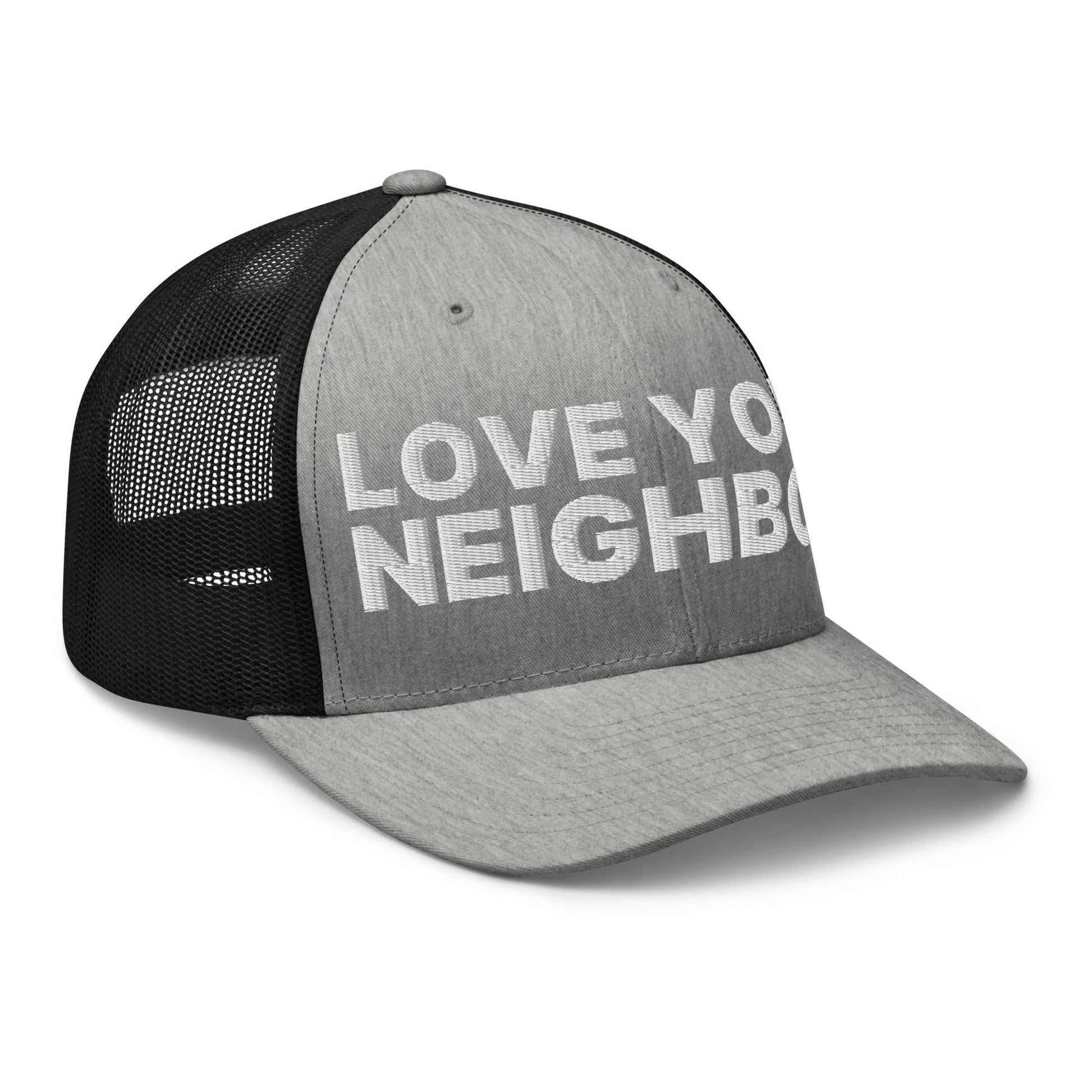 Love Your Neighbor Retro Trucker Hat Heather Black