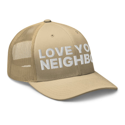 Love Your Neighbor Retro Trucker Hat Khaki