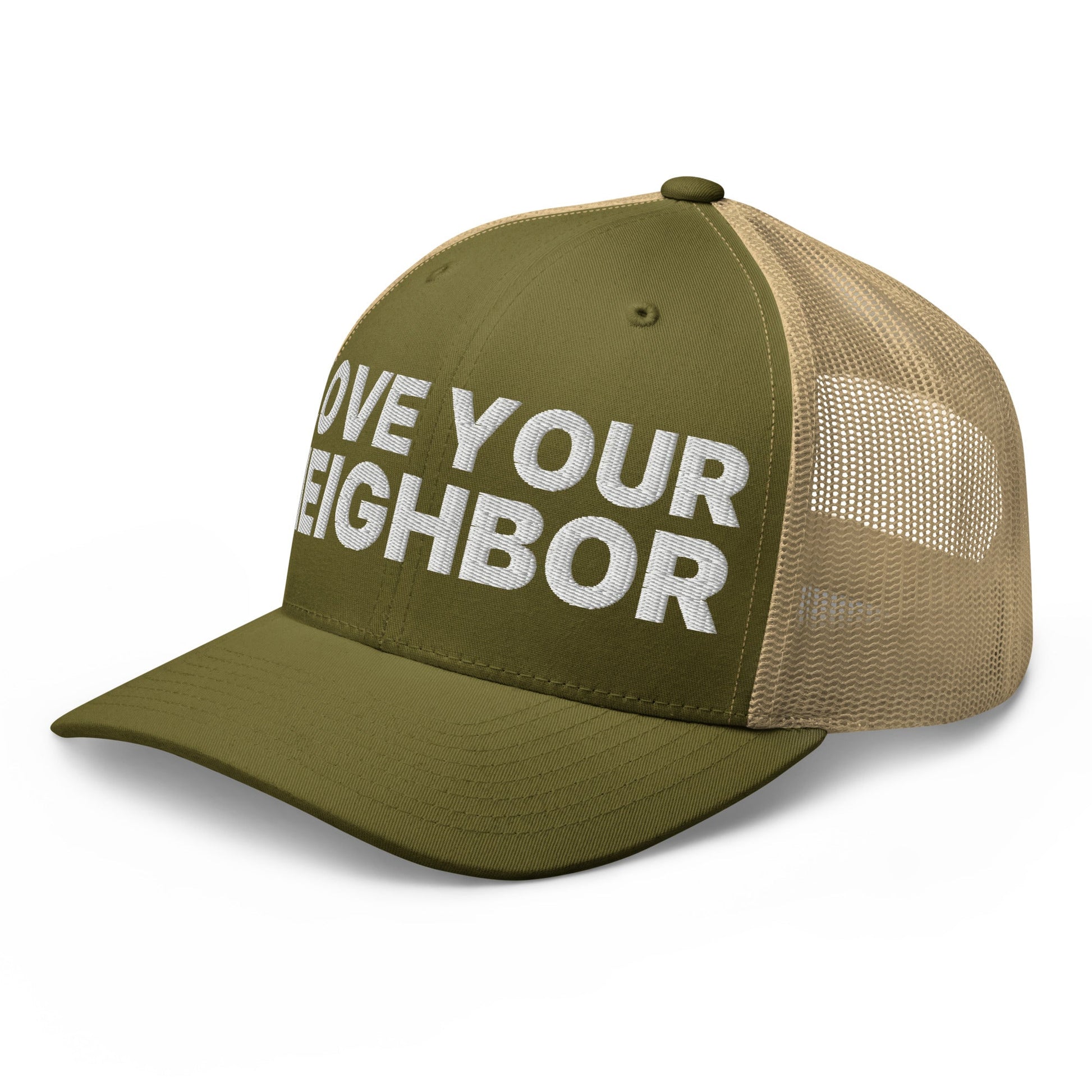 Love Your Neighbor Retro Trucker Hat Moss Khaki