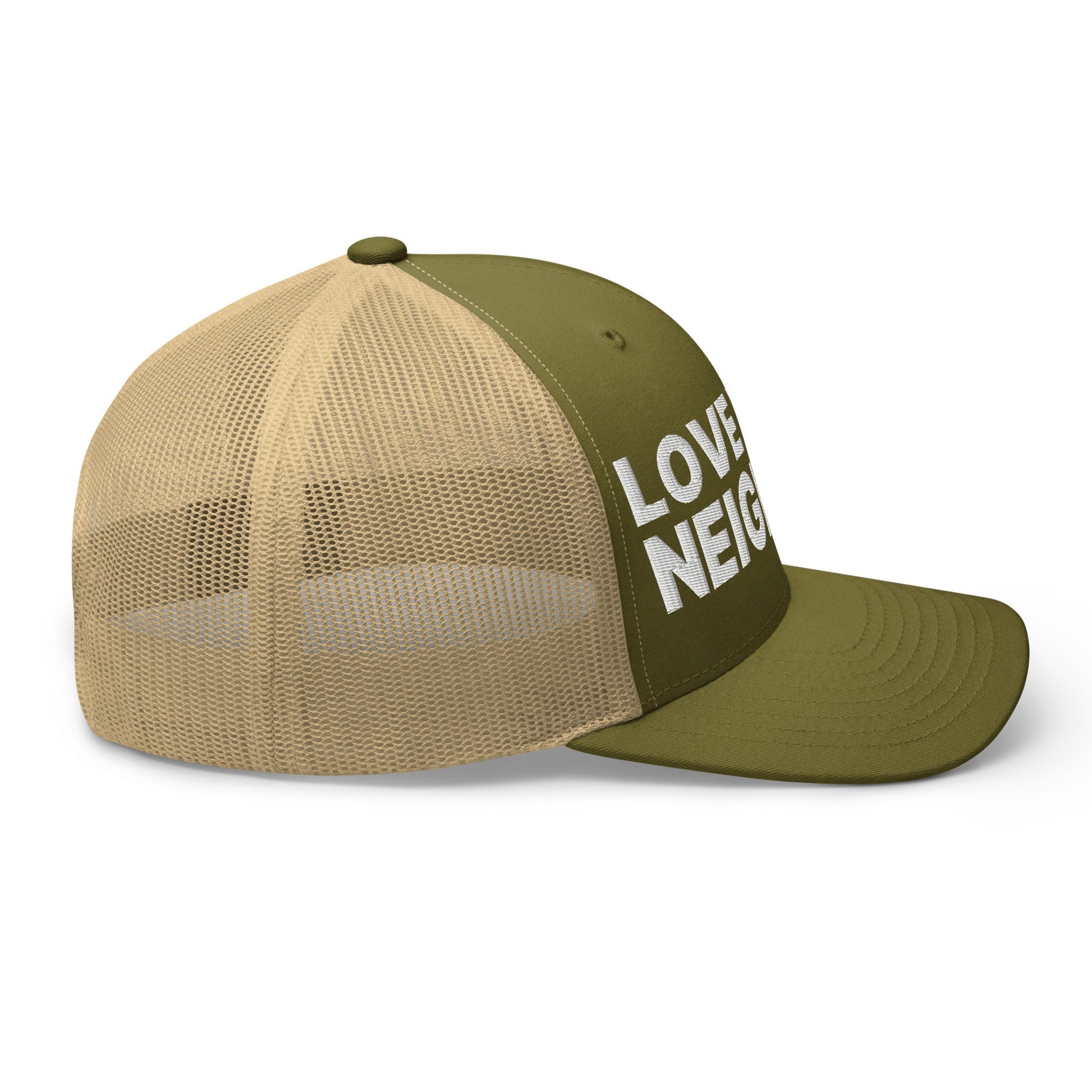 Love Your Neighbor Retro Trucker Hat Moss Khaki