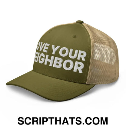 Love Your Neighbor Retro Trucker Hat Moss Khaki