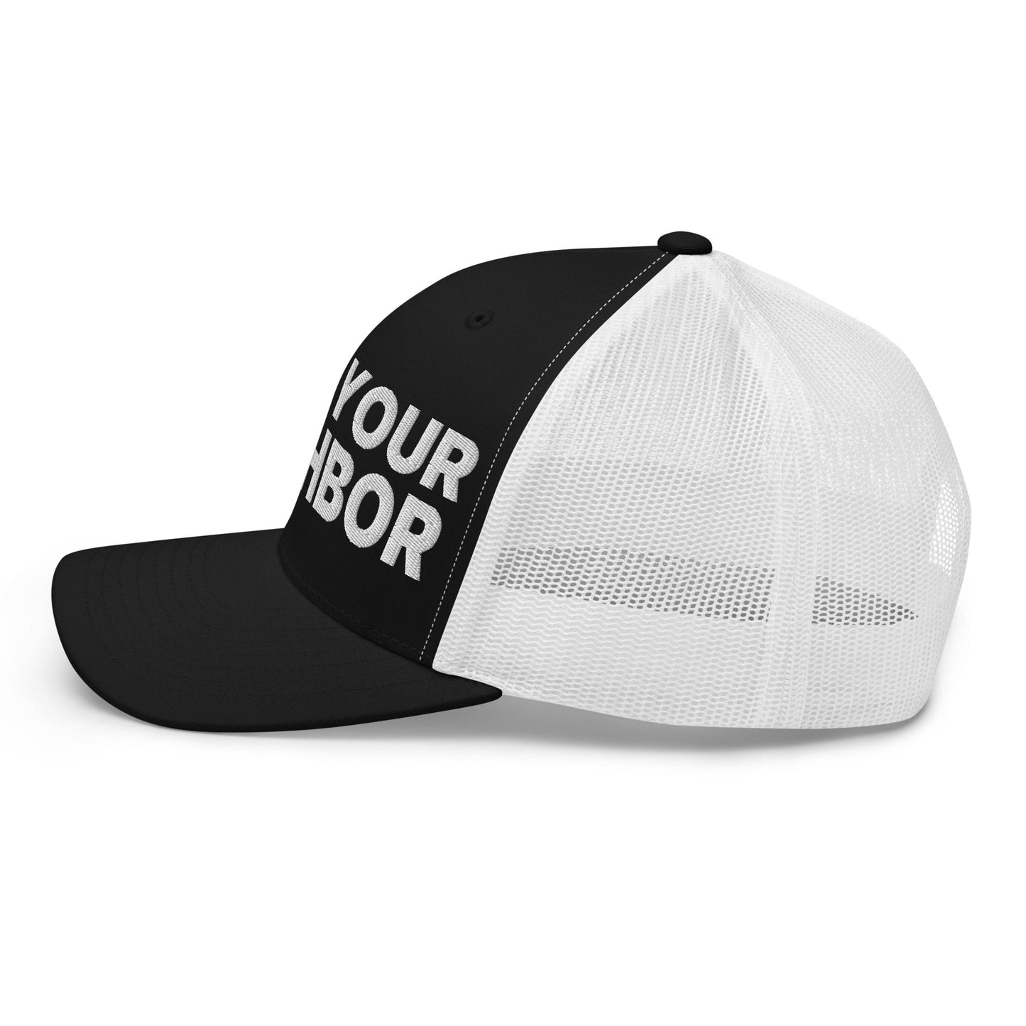 Love Your Neighbor Retro Trucker Hat Black White