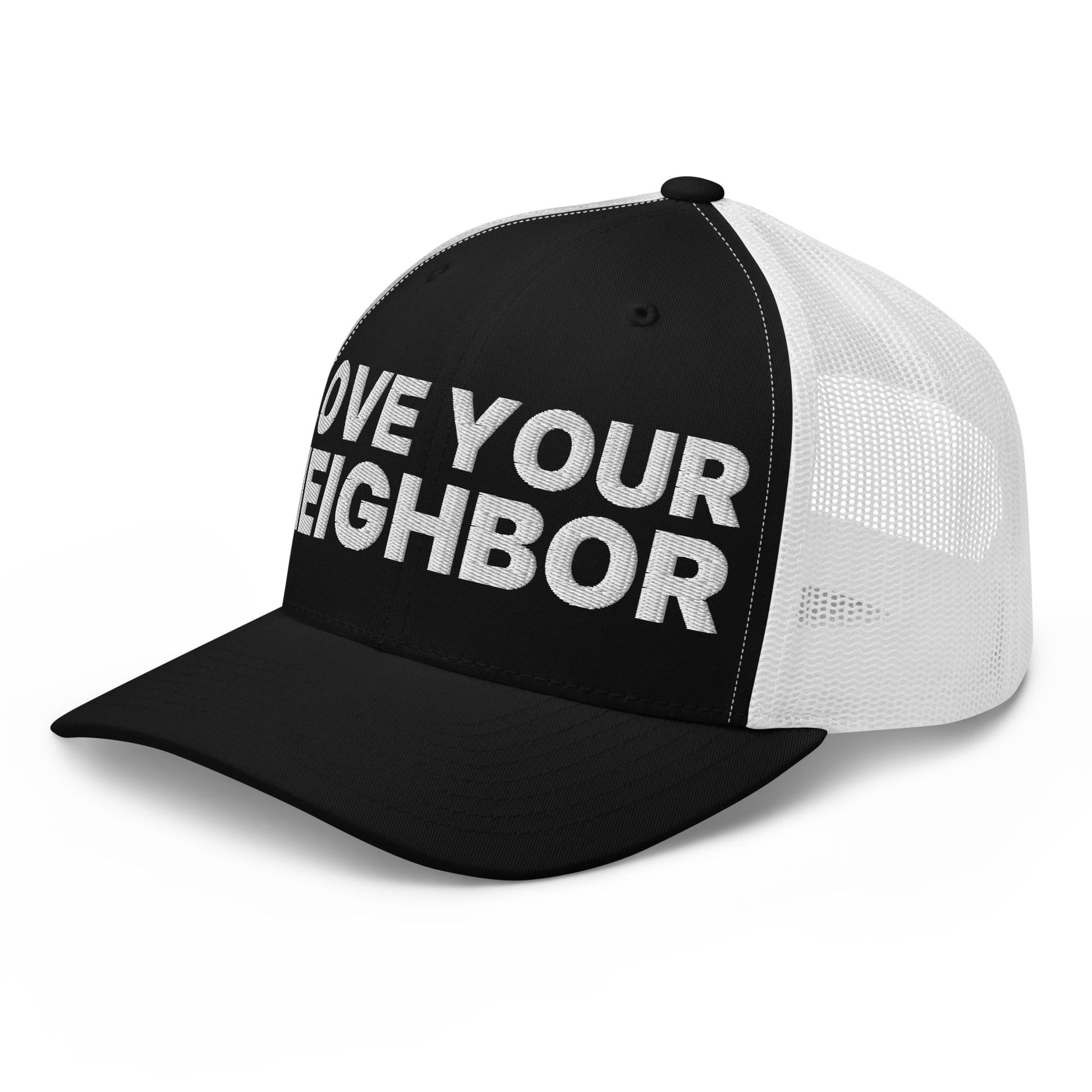 Love Your Neighbor Retro Trucker Hat Black White