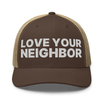 Love Your Neighbor Retro Trucker Hat Brown Khaki