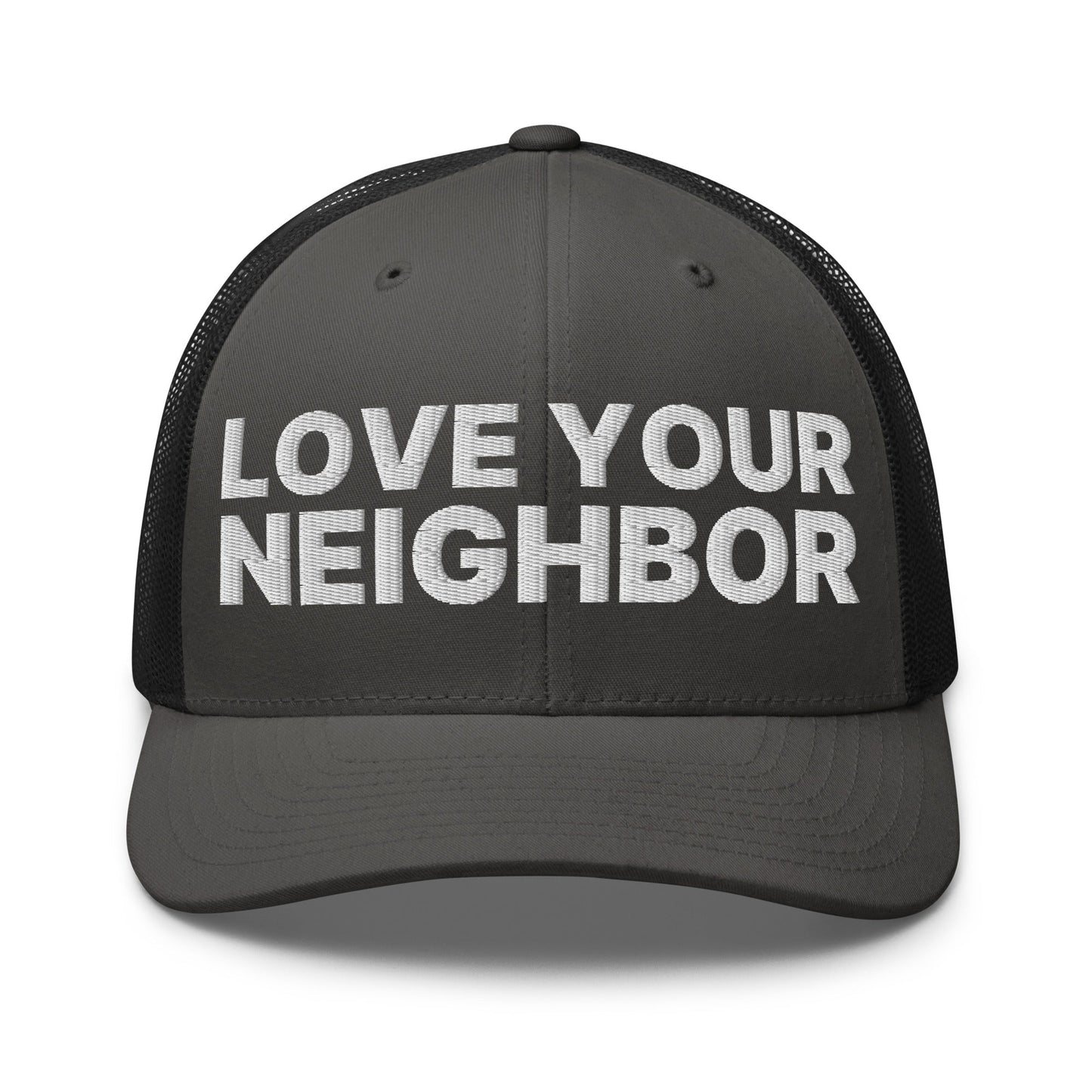 Love Your Neighbor Retro Trucker Hat Charcoal Black