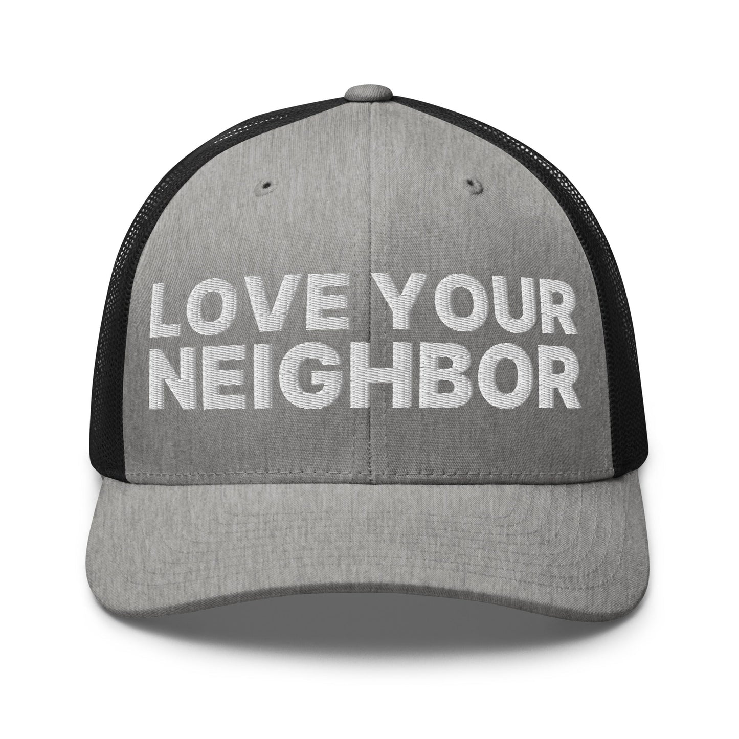 Love Your Neighbor Retro Trucker Hat Heather Black