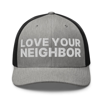 Love Your Neighbor Retro Trucker Hat Heather Black