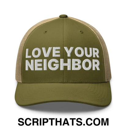 Love Your Neighbor Retro Trucker Hat Moss Khaki