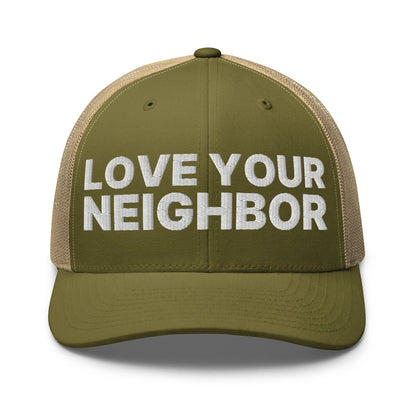 Love Your Neighbor Retro Trucker Hat Moss Khaki