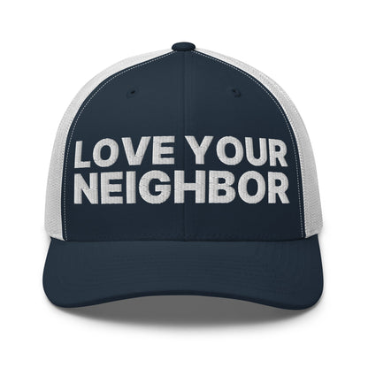 Love Your Neighbor Retro Trucker Hat Navy White