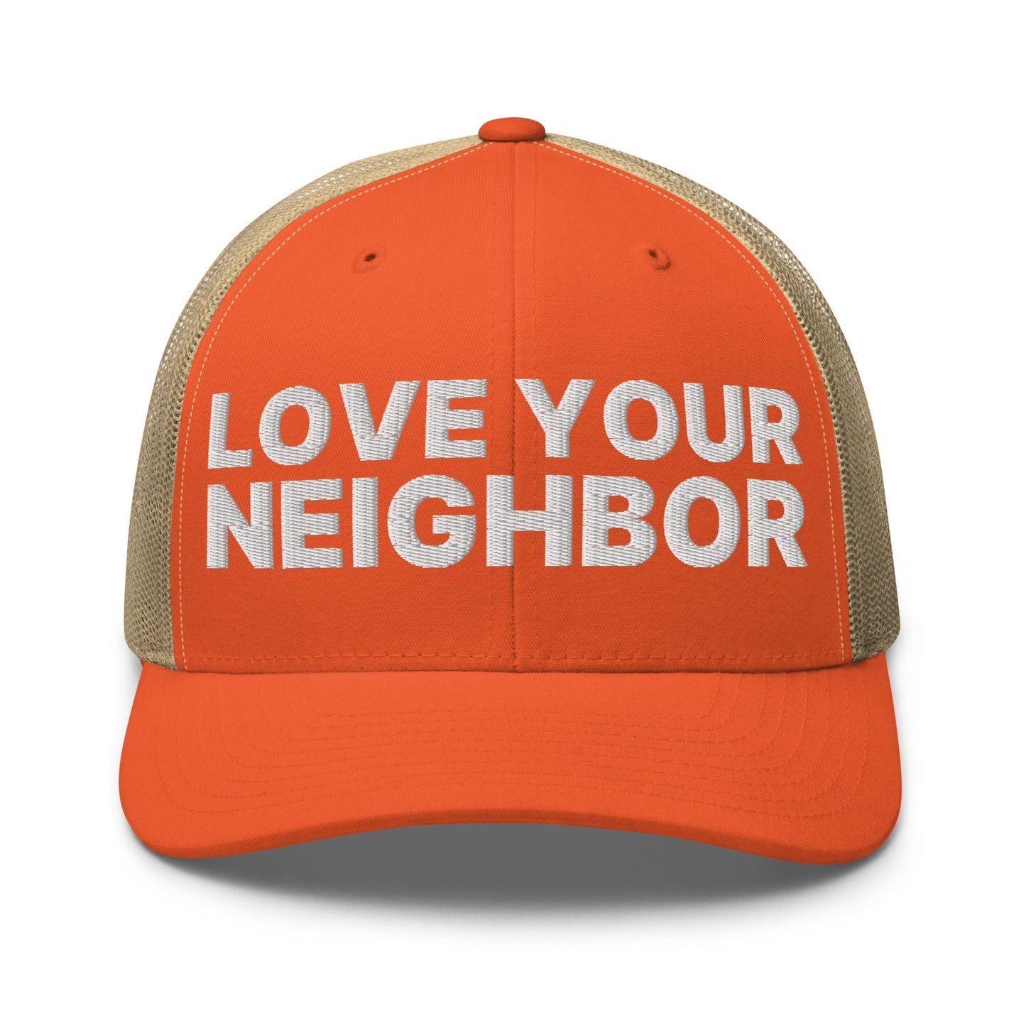 Love Your Neighbor Retro Trucker Hat Rustic Orange Khaki