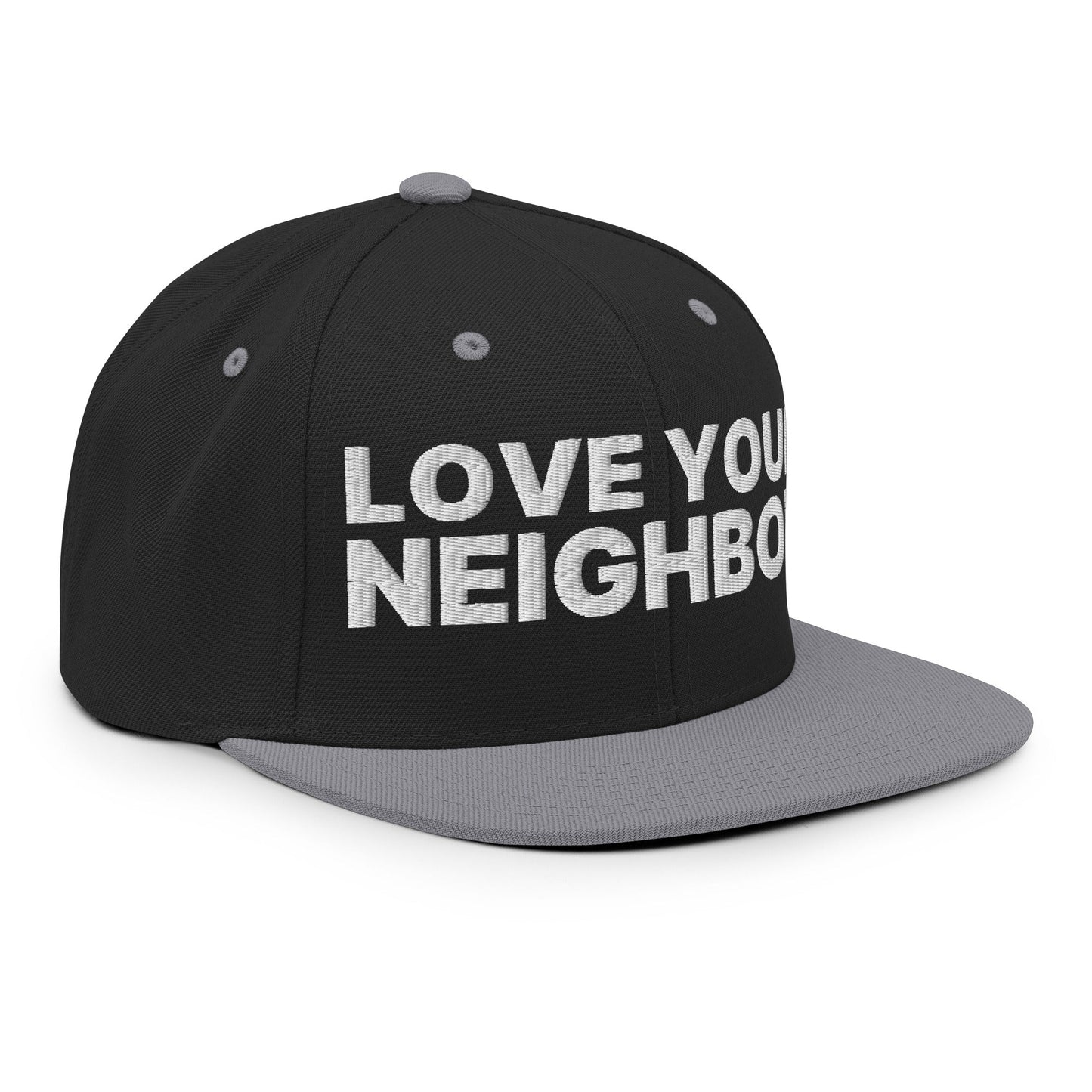 Love Your Neighbor Snapback Hat Black Silver