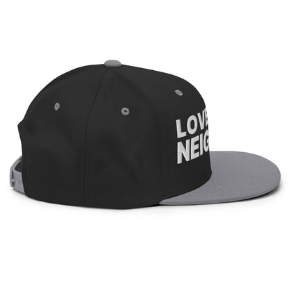 Love Your Neighbor Snapback Hat Black Silver