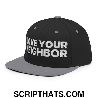 Love Your Neighbor Snapback Hat Black Silver