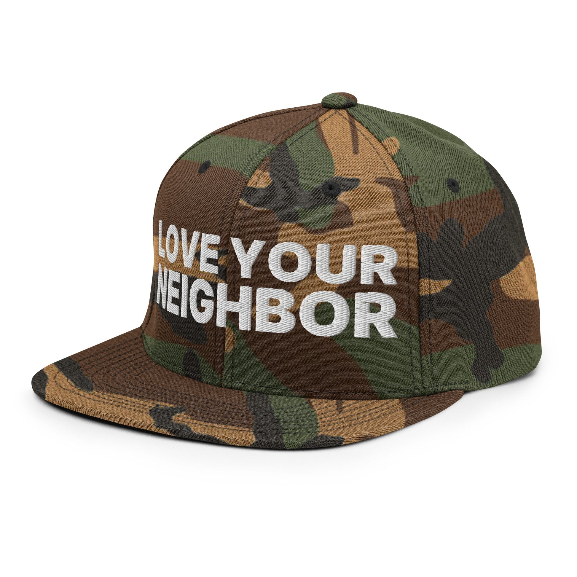 Love Your Neighbor Snapback Hat Green Camo